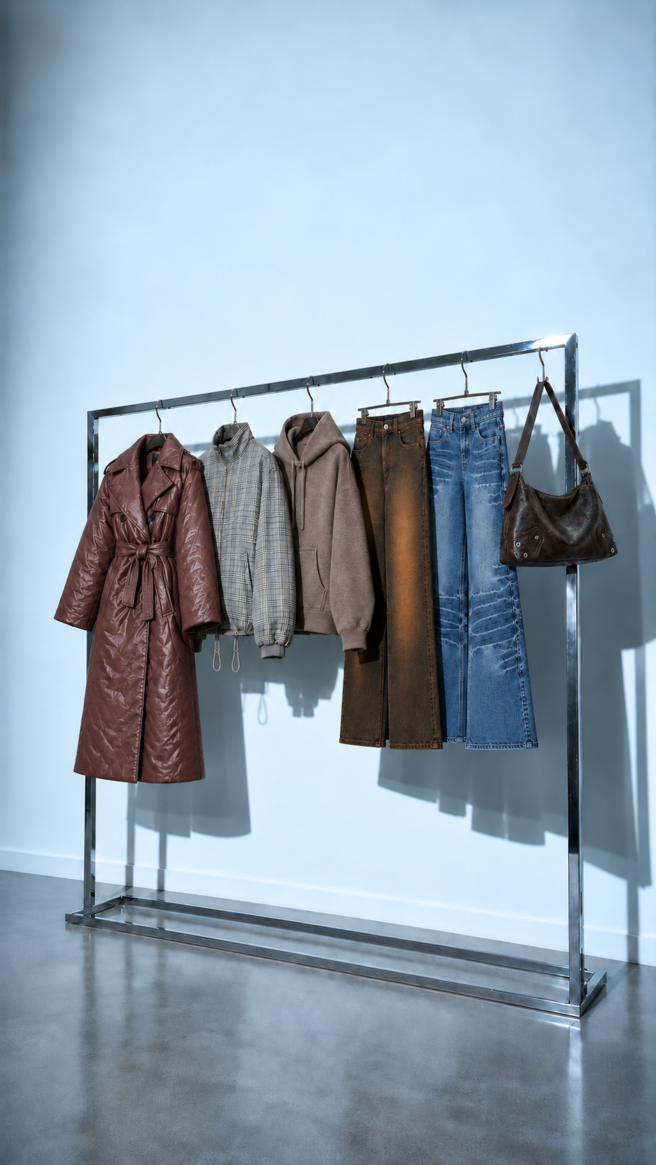 Portant Famé présentant manteau, blouson, maille, denim et sac sur fond bleu